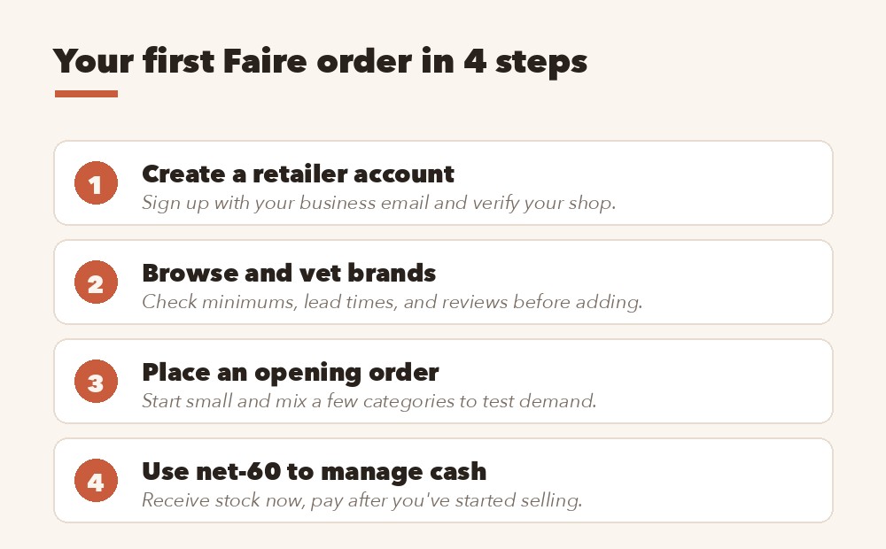 Your first Faire order in four steps: create a retailer account, vet brands, place an opening order, use net-60