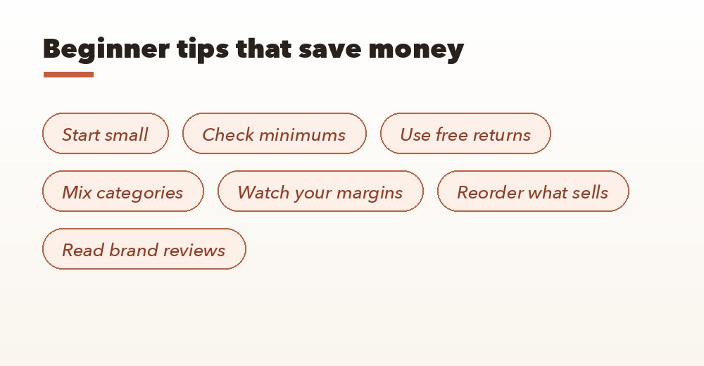 Beginner Faire tips: start small, check minimums, use free returns, mix categories, watch margins, reorder what sells