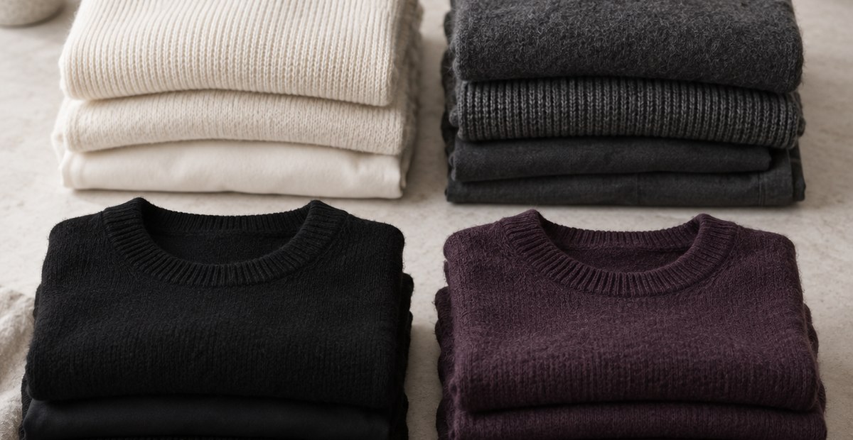 A capsule wardrobe palette of three neutrals and one plum accent