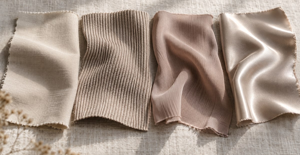 Cotton, viscose and polyester fabric swatches compared side by side