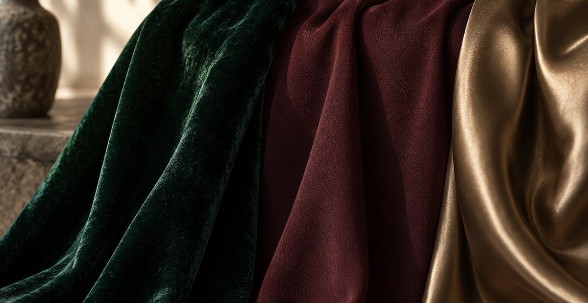 Velvet, crepe and satin compared under low evening light for occasion dresses